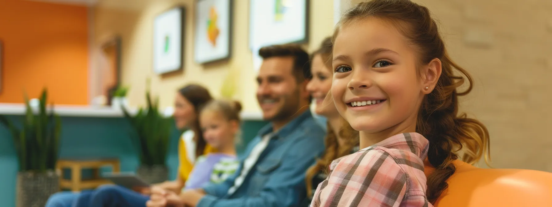 a smiling family sitting comfortably in the waiting room of waters davidson dental care, scheduling their appointments on tablets.