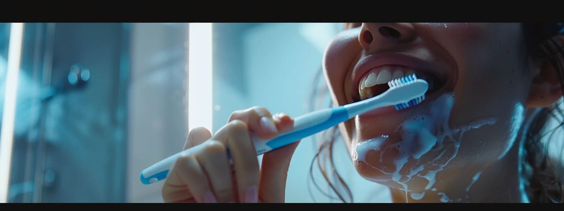 a person brushing their teeth vigorously with a bright, healthy smile in a modern bathroom setting.