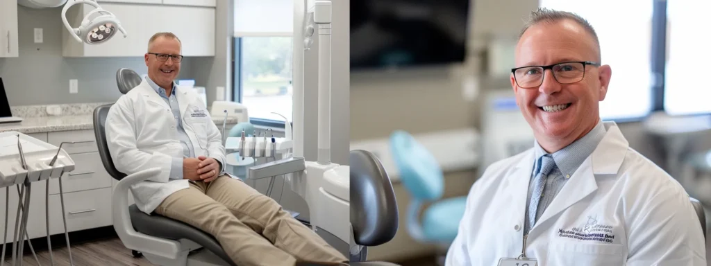 a smiling patient sitting in a bright, modern dental chair at waters davidson in olathe, surrounded by state-of-the-art dental equipment and a friendly dentist.