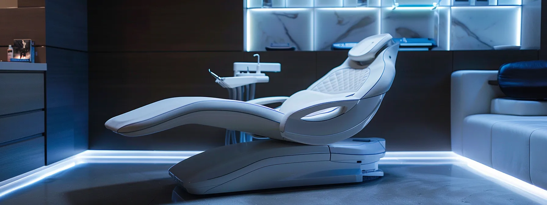 a sleek, futuristic dental chair surrounded by high-tech equipment and a calming, contemporary waiting area in waters davidson's state-of-the-art dentist office in olathe.