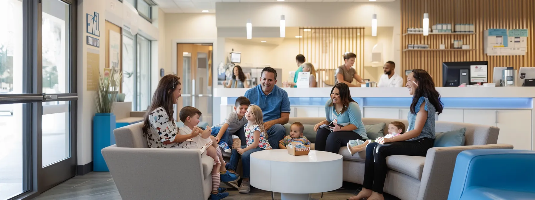 a smiling family, including young children, sitting comfortably in a modern dental office with state-of-the-art equipment and a friendly staff member.